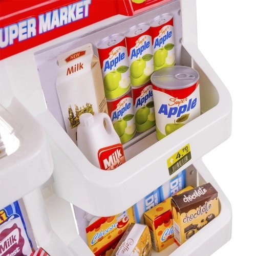 Supermarkt met kassa, winkelmandje en accessoires