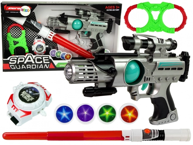 Set van ruimtewapens Space Guardian met laserpistool en zwaard