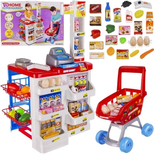 Supermarkt met kassa, winkelmandje en accessoires