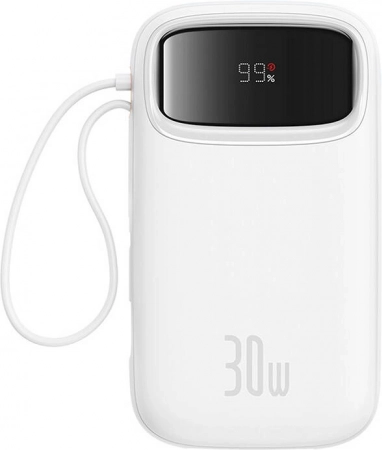 Powerbank Baseus QPow 2 20000 mAh 30 W met geïntegreerde USB‑C‑kabel, 2× USB‑C, wit