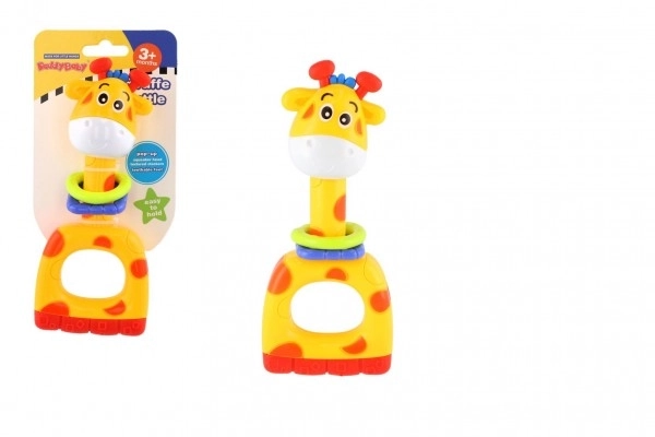 Rammelaar/bijtring/fluitje giraffe plastic 7x16cm op kaart 3m+