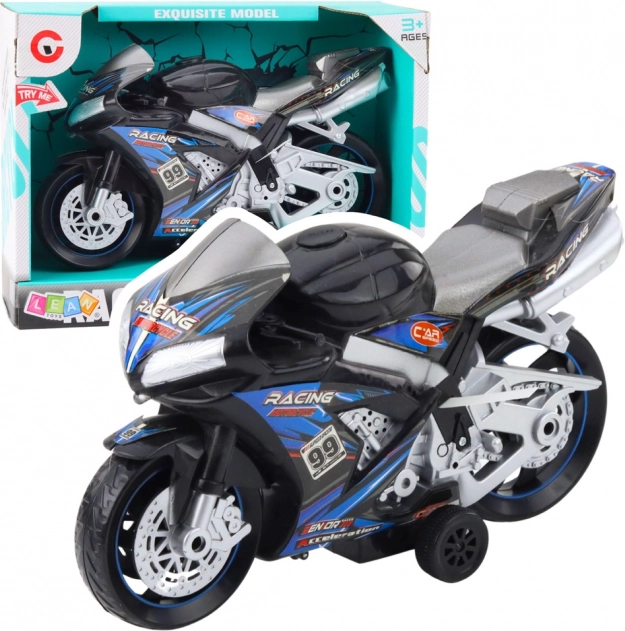 Race motorfietsspeelgoed zwart-blauw met verlichting en geluiden