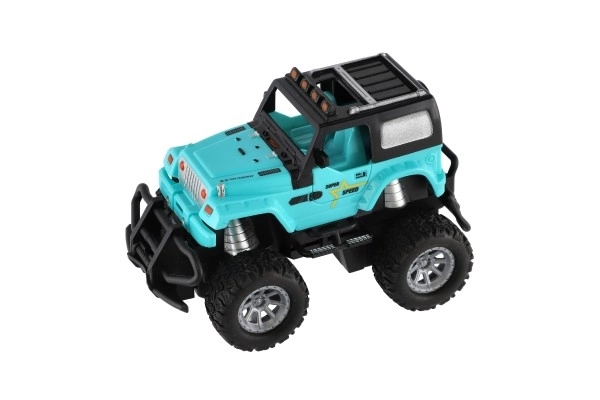 RC Auto terrein 14cm kunststof 27MHz op batterijen met licht in doos 20x11x10cm – Turkoois