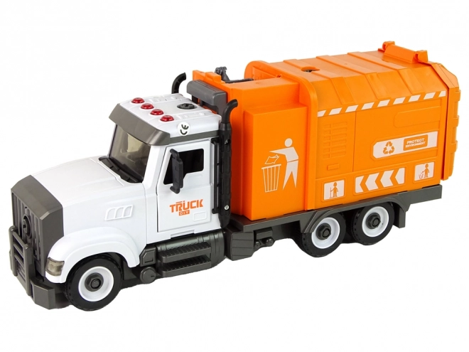 Oranje afvalwagen met schroef- en draaibare accessoirekit