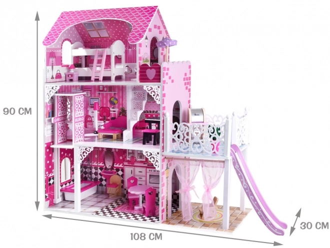 Grote houten poppenhuis met glijbaan en LED-verlichting