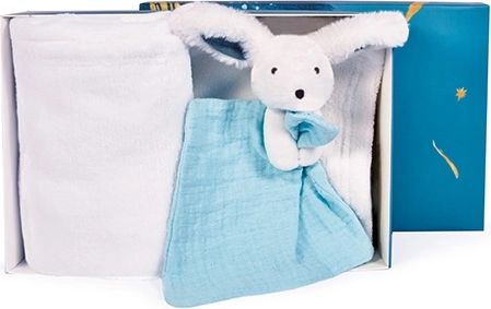 Cadeauset vrolijk konijntje plaid en blauwe knuffeldoek