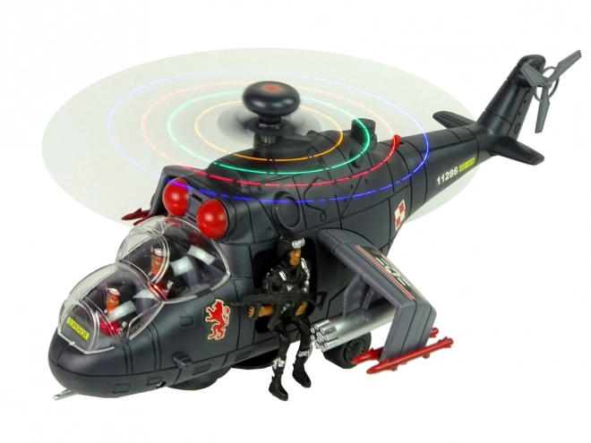 Helikopter met enorme vleugels en lichteffecten