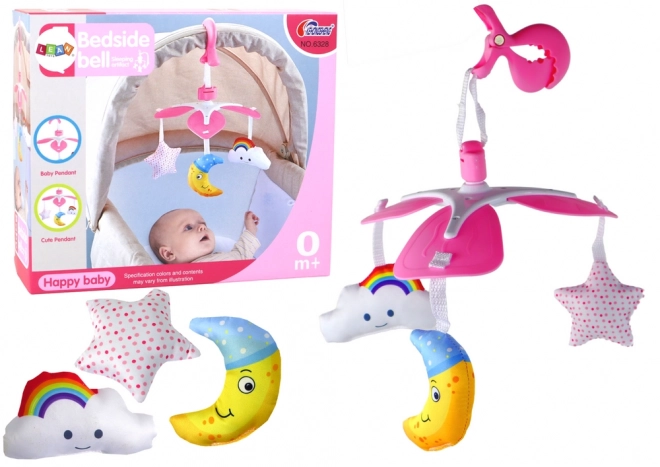 Roze clip voor kinderbedje met hemelse mobiel voor kinderen