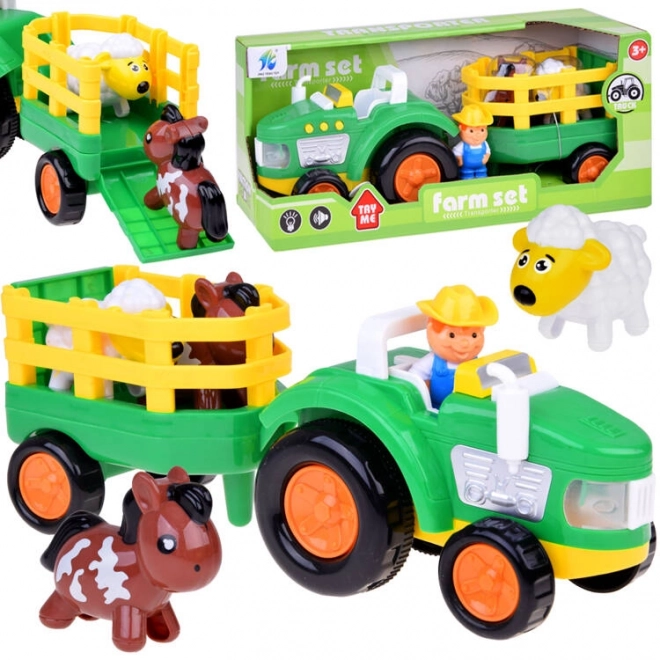 Boerentractor met aanhanger en dieren geluid + licht ZA5390