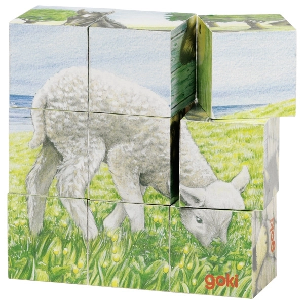 Goki houten kubuspuzzel boerderijdieren – 9 stuks