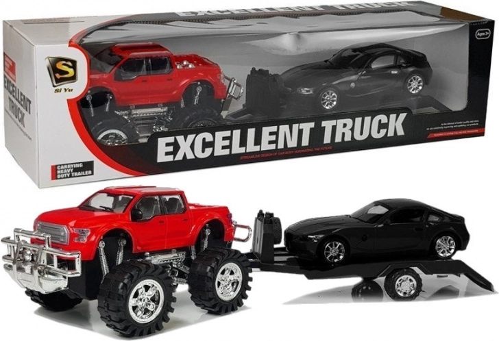 Voertuigenset rode monstertruck met aanhanger en zwarte BMW 58 cm