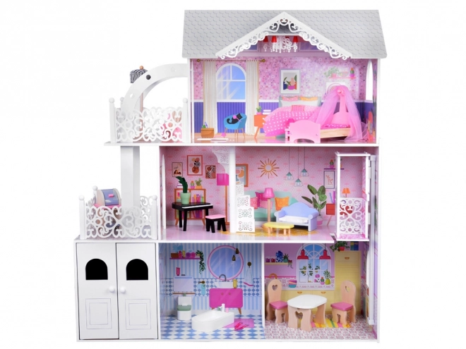 Groot houten poppenhuis met lift, garage en balkon