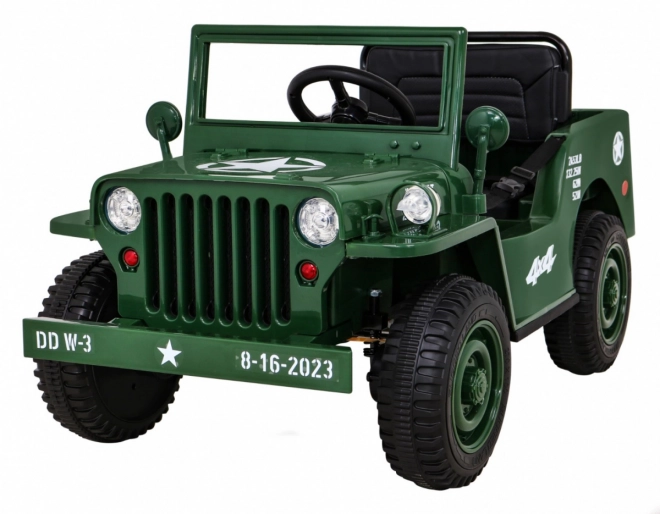 Retro groen militair voertuig voor kinderen + aandrijving 4x4 + afstandsbediening + 2 bagagedragers + langzame start + MP3 LED
