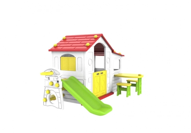 Groot kinderspeelhuis met glijbaan en rood dak