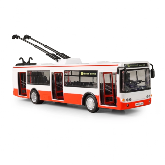 Trolleybus Tsjechisch sprekend plastic 29cm rood vrij rijden op bat. met licht en geluid in doos 33x11x10cm