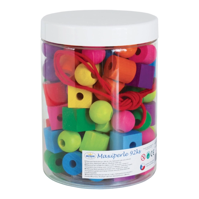 Maxi houten gekleurde kralen met koord 92 stuks in plastic doos 10x14cm