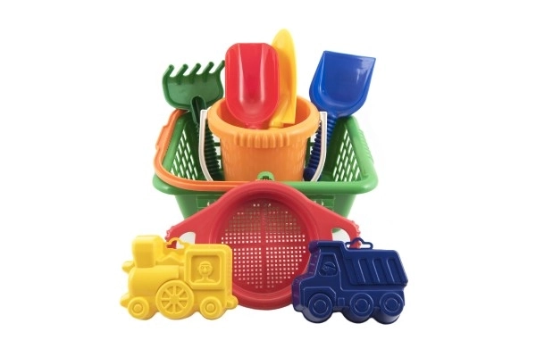 Mand set - 2 zandvormpjes schepje harkje zeefje emmer winkelmandje plastic 12m+