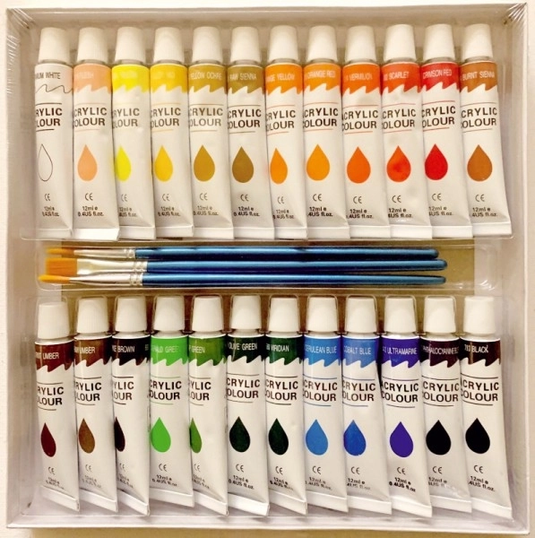 Acrylverf 24x12ml met 3 penselen ook voor keramiek, glas, stenen in doosje 22x22x2cm