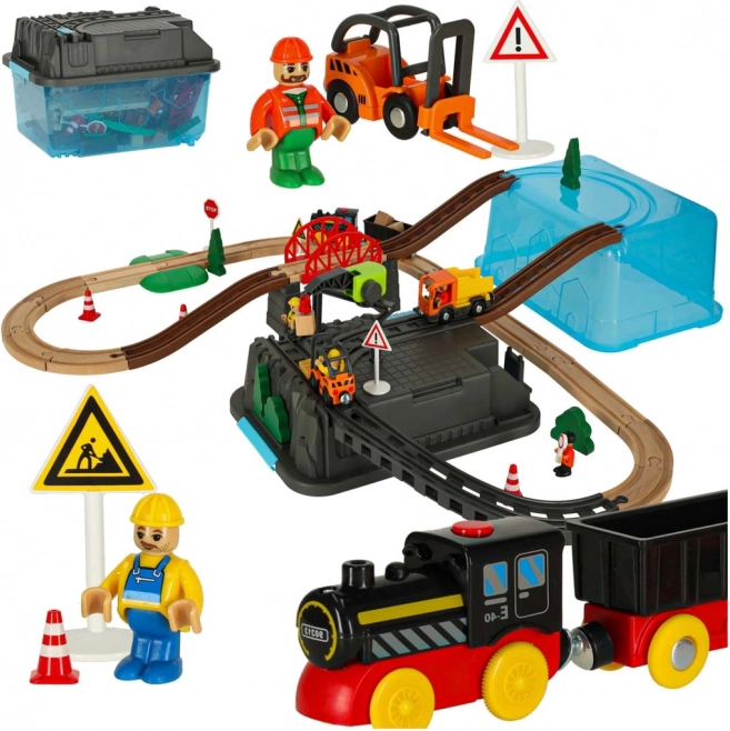 Houten bouw-treinbaan 55 delen met locomotief en accessoires