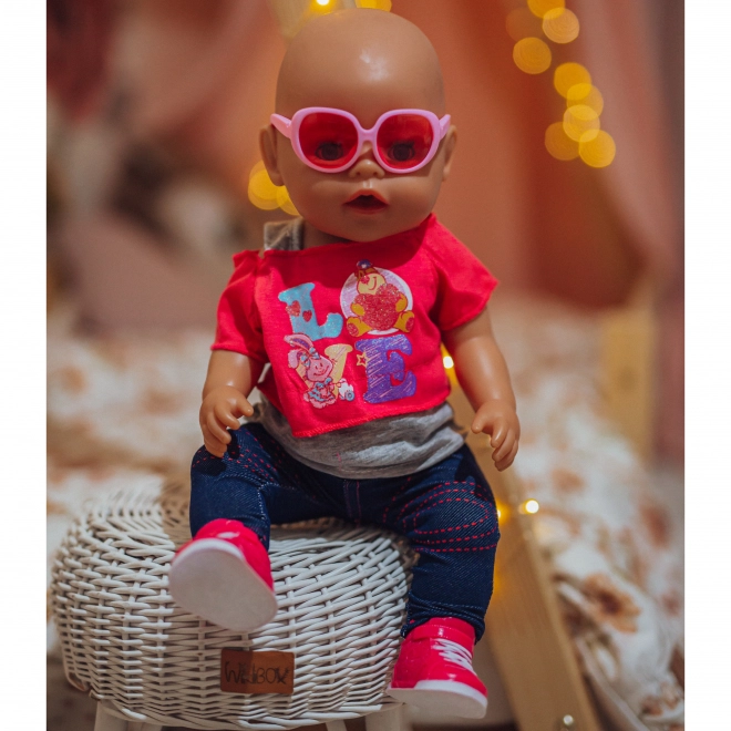Stijlvolle kleding voor pop LOVE met bril en schoentjes 43-46 cm