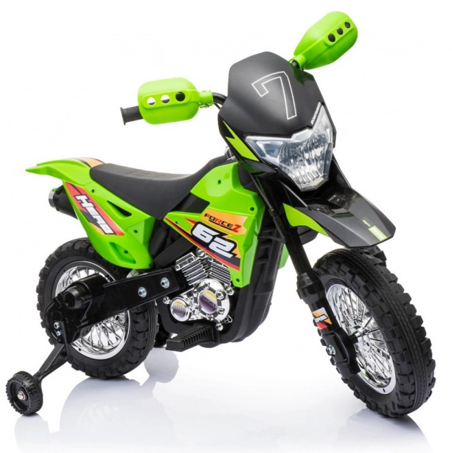 Elektrische crossmotor voor kinderen op accu – groen, met zijwieltjes en LED-verlichting