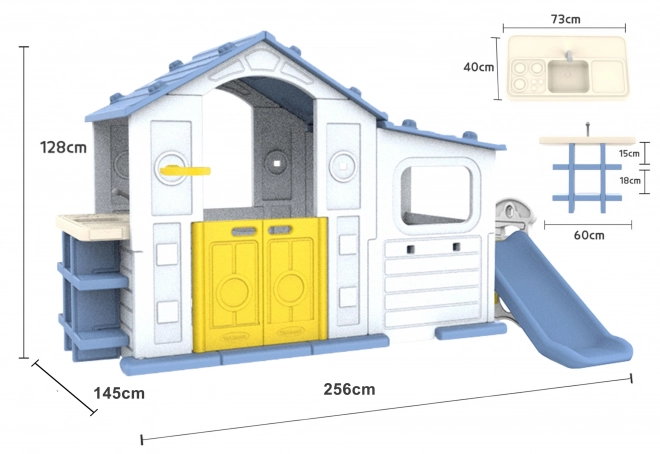 Groot huis met veranda, glijbaan en wastafel blauwe dak