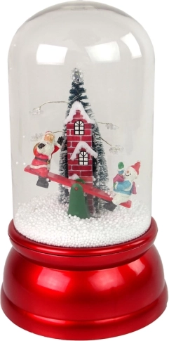 Glazen kerst-sneeuwbol met sneeuw en KERSTMAN, rood, LED en muziek