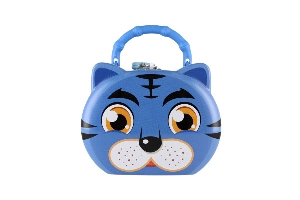 Spaarpot kat/tin kattenhoofd met slot 14x12cm 3 kleuren in plastic doos