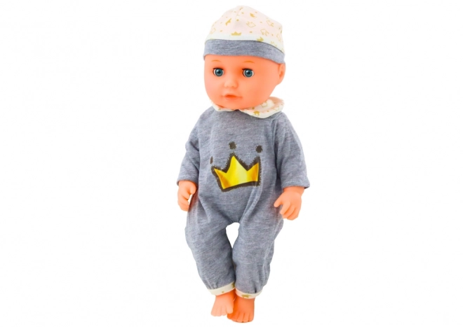 Interactieve babypop in grijze pyjama