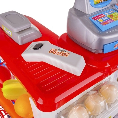 Supermarkt met kassa, winkelmandje en accessoires