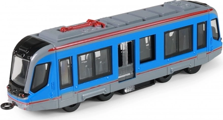 Metalen blauwe tram 20 cm met terugtrekmotor