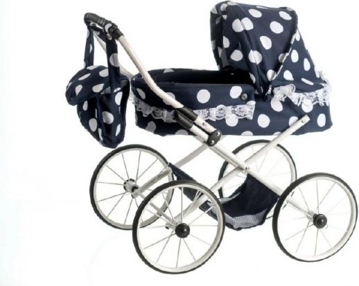 Poppenwagen Ewa retro, zwart met stippen en kant