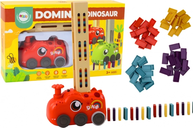 Rode dinosaurustrein op batterijen die gekleurd domino bouwt