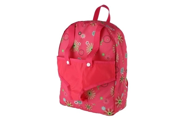 Roze rugzak met draagzak voor pop met bloemenpatroon