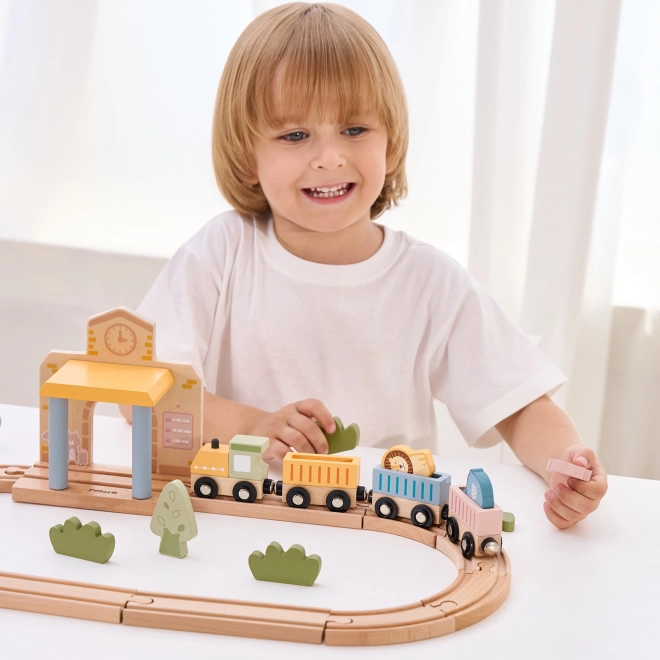 Houten treinset met batterijvoeding