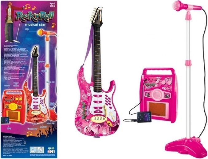 Roze elektrische gitaar met microfoon en versterker voor kinderen
