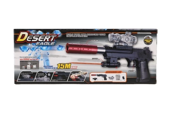 Pistool plastic/metaal 33cm voor waterkogeltjes + kogels 9-11mm op batterijen met licht in doos 34x13x4cm