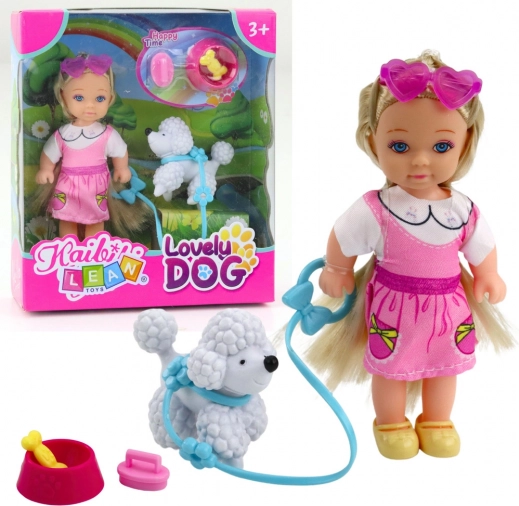 Mini popje met hondje aan de lijn en kommetje met bot