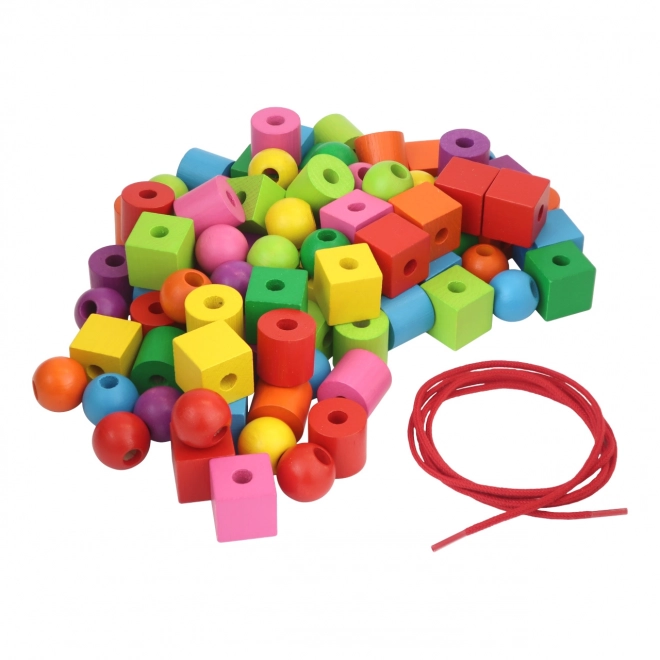Maxi houten gekleurde kralen met koord 92 stuks in plastic doos 10x14cm