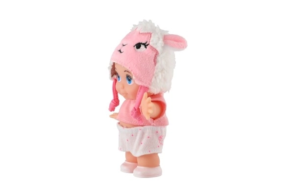 Poppenbaby met muts kunststof stevig lichaam 15cm 4 soorten in doosje 9x16x6cm
