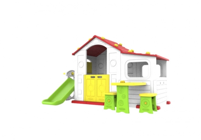 Groot kinderspeelhuis met glijbaan en rood dak