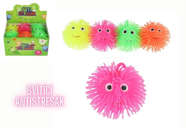 Pluizige antistress knijpbare siliconen bal 8cm op batterijen met licht 4 kleuren in zakje 12st in doos