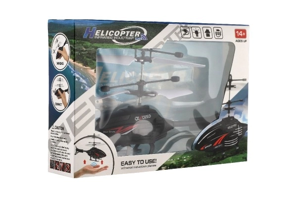 Kunststof helikopter 16cm reagerend op handbeweging met USB-oplaadkabel in doos 22x15x5cm
