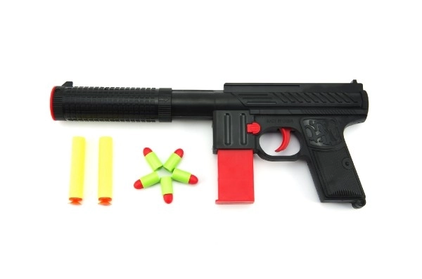 Pistool met schuimrubberen kogels 2st + 5st kurkgeweren plastic 30cm in doos