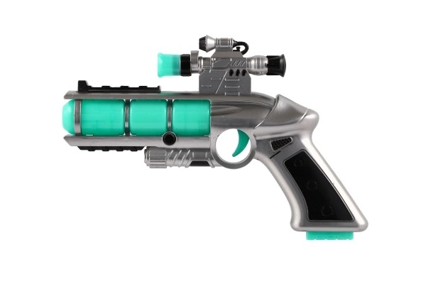Pistool met vizier kunststof 20cm op batterijen met geluid en licht in doos