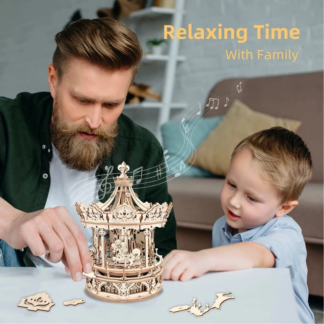 Carrousel met paarden - muziekdoosje - 3D houten bouwpakket