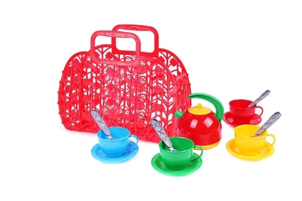 Kleurige kinderserviesset in plastic tas