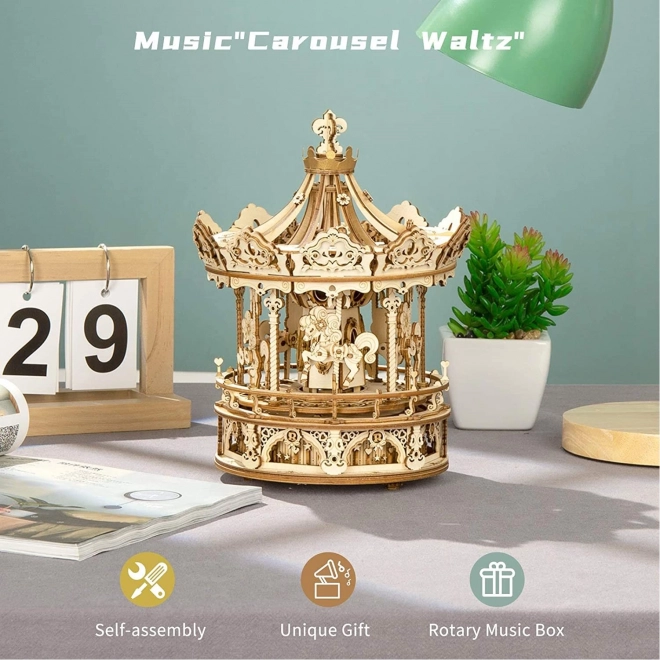 Carrousel met paarden - muziekdoosje - 3D houten bouwpakket