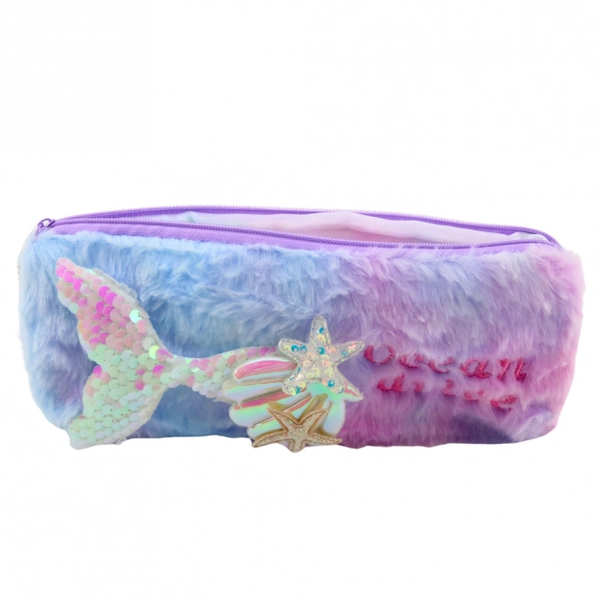 Pluche etui met zeemeermin patroon en pailletten paars-blauw