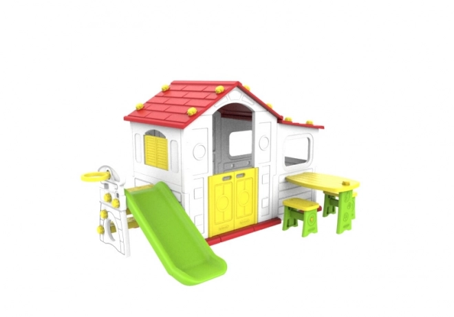 Groot kinderspeelhuis met glijbaan en rood dak